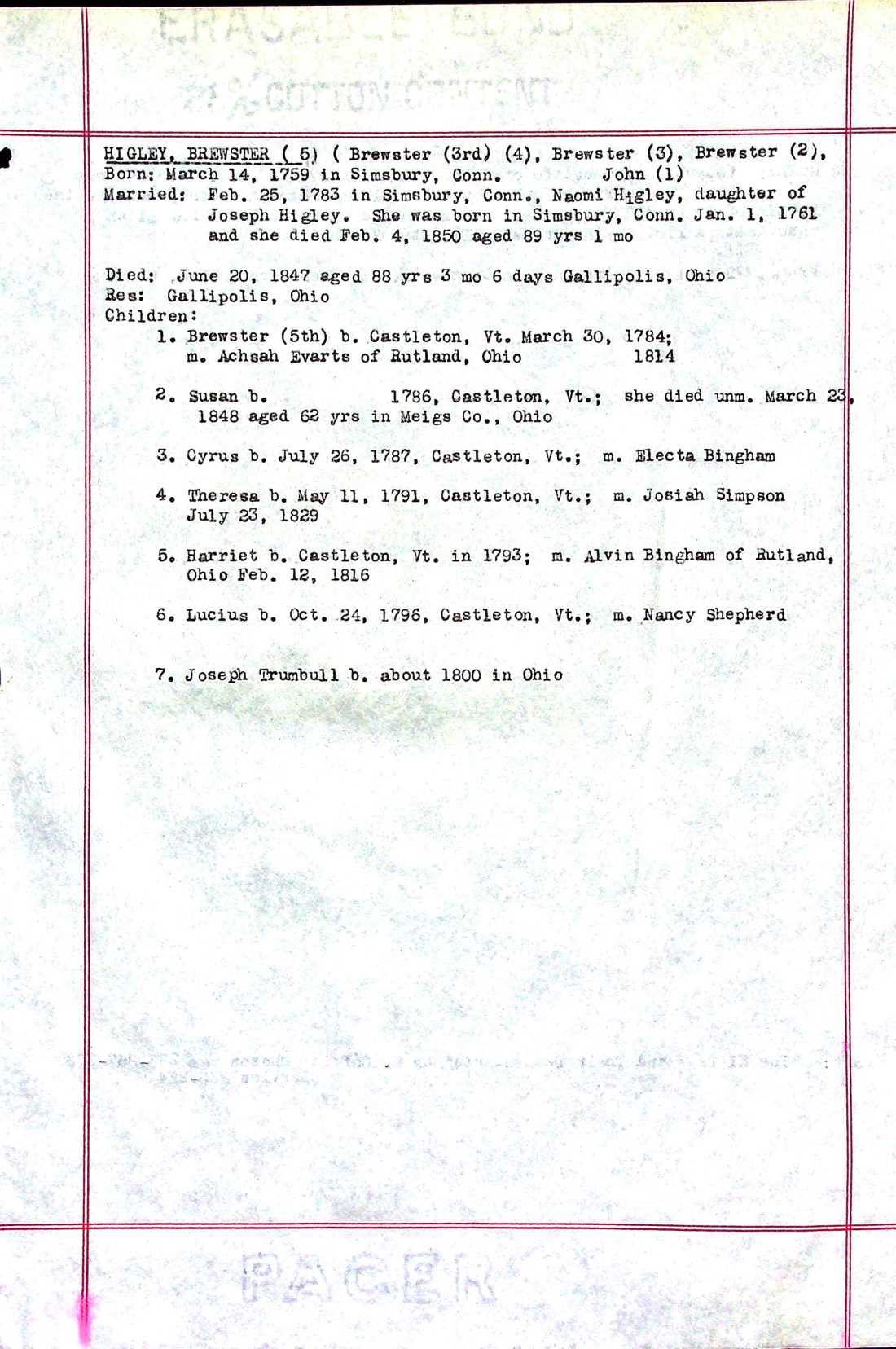 HIGLEY, Brewster (1759 Conn. d. 1847 Ohio) 1 HIGLEY